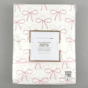 Pottery Barn Teen Tea Time Bow Sheet Set QUEEN Organic Cotton White Pink New